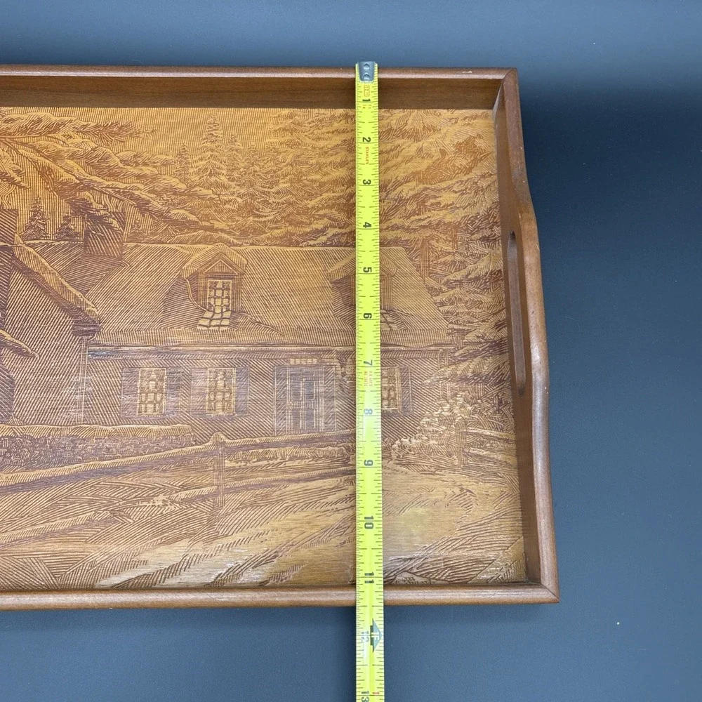 Vintage House of Lloyd Wood Serving Tray Etched Winter Cabin Scene 14.75